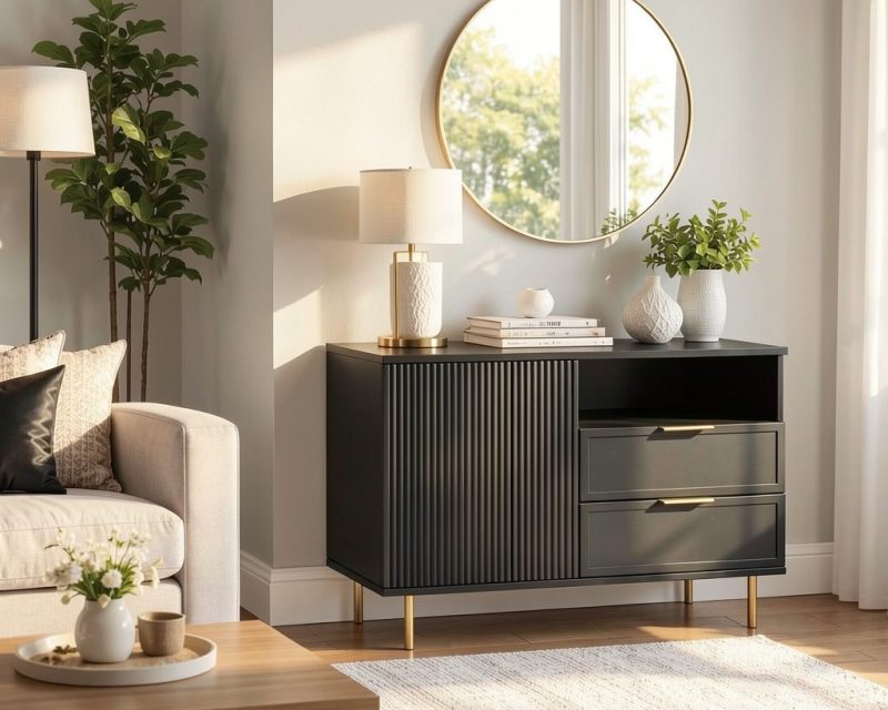 Comoda Soft, negru, 1 usa, 2 sertare, MDF frezat vopsit