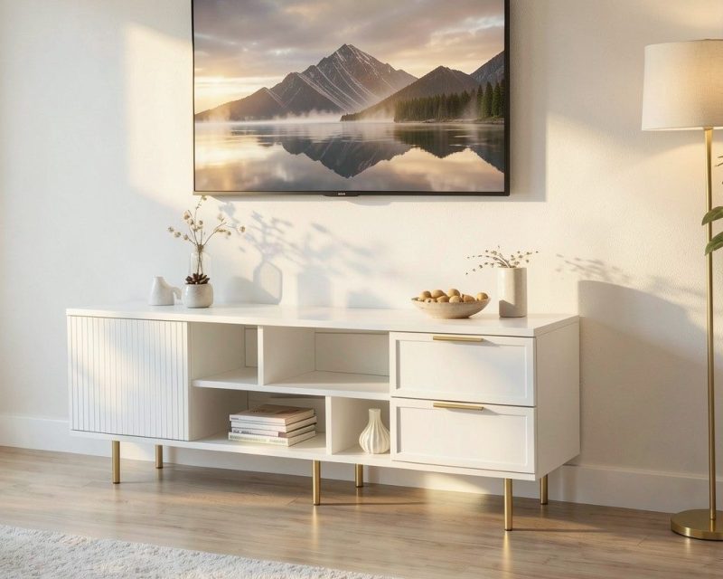Comoda TV Soft, alb, 1 usa riflaj, 2 sertare, MDF frezat vopsit