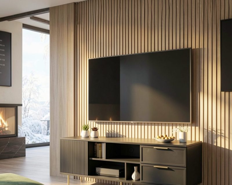 Comoda TV Soft, negru, 1 usa riflaj, 2 sertare, MDF frezat vopsit