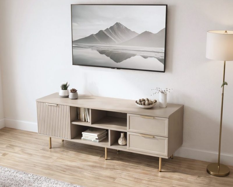 Comoda TV Soft, casmir, 1 usa riflaj, 2 sertare, MDF frezat vopsit