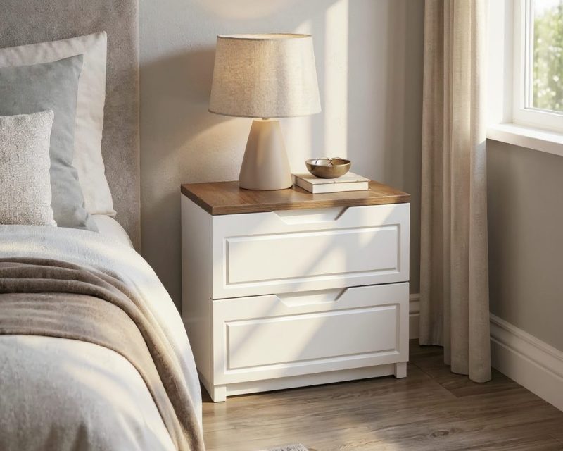 Noptiera Natura, 2 sertare, MDF vopsit, blat furniruit lemn natural