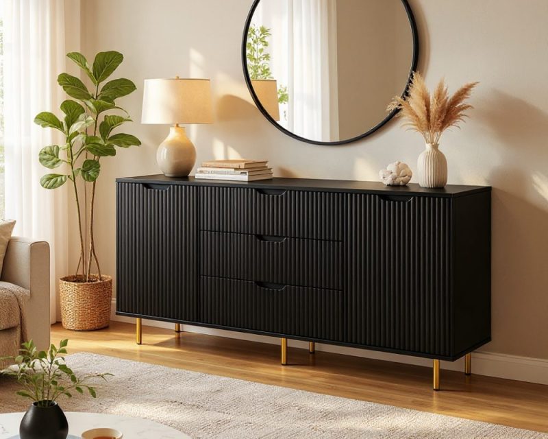 Comoda Linea Noir, 3 sertare, 2 usi, MDF frezat negru mat