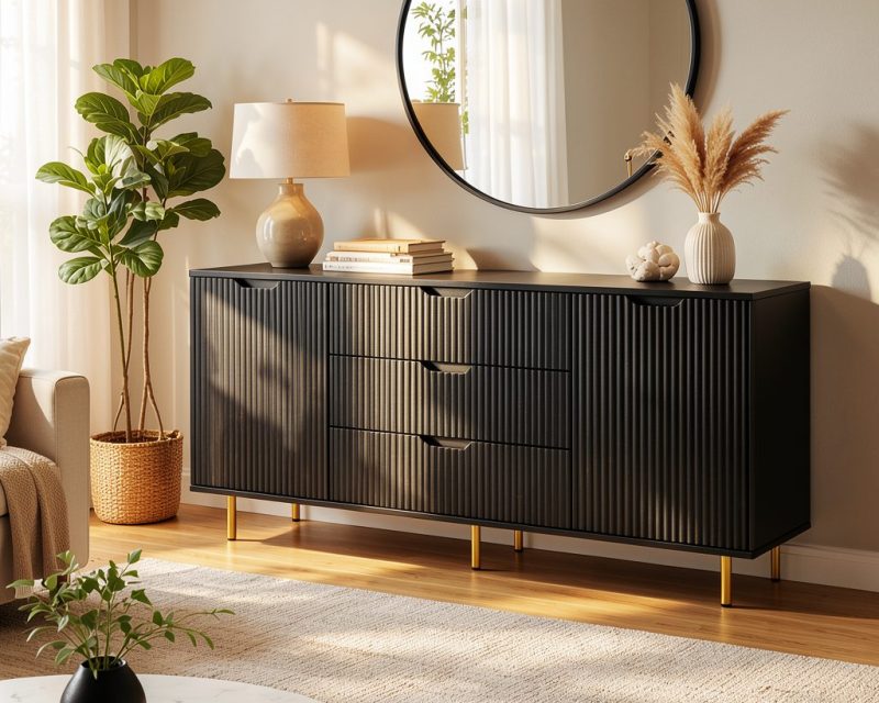 Comoda Linea Noir, 3 sertare, 2 usi, MDF frezat negru mat