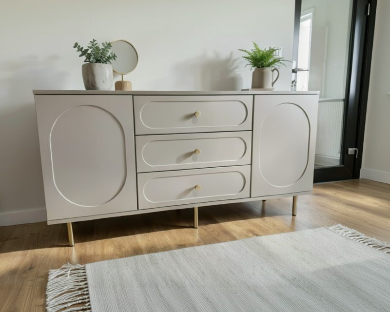 Comoda Cleo, greige, 3 sertare, 2 usi, MDF vopsit