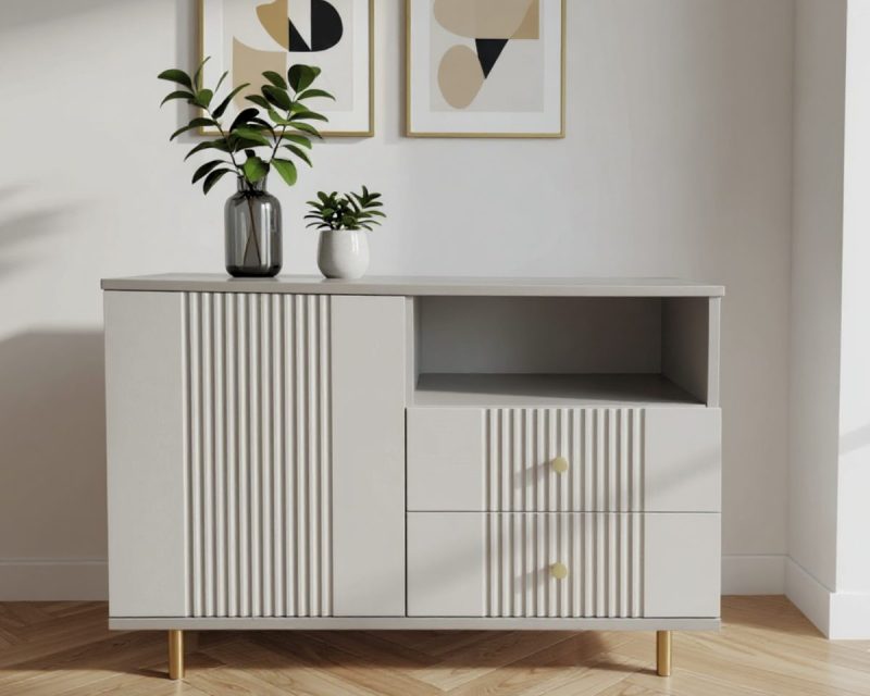 Comoda Rivo, greige, 1 usa, 2 sertare, MDF riflaj vopsit