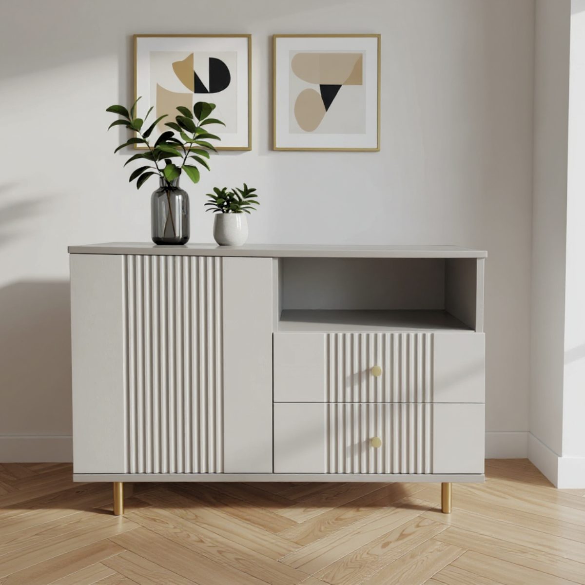Comoda Rivo, greige, 1 usa, 2 sertare, MDF riflaj vopsit