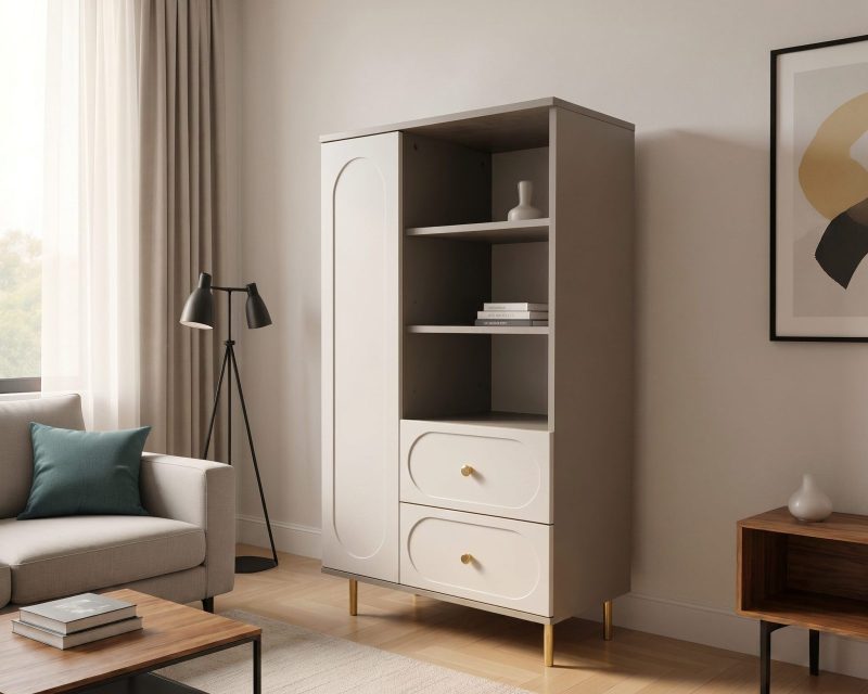 Dulap Living Cleo, greige, 1 usa, 2 sertare, MDF vopsit